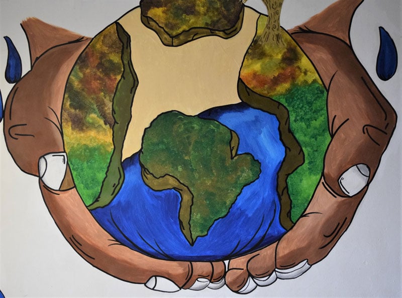Hands holding world mural